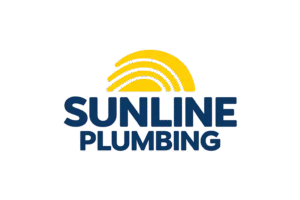 Sunline Plumbing ka logo jismein peelay rang ka sun/arc design aur neelay rang mein “Sunline Plumbing” text nazar aa raha hai۔