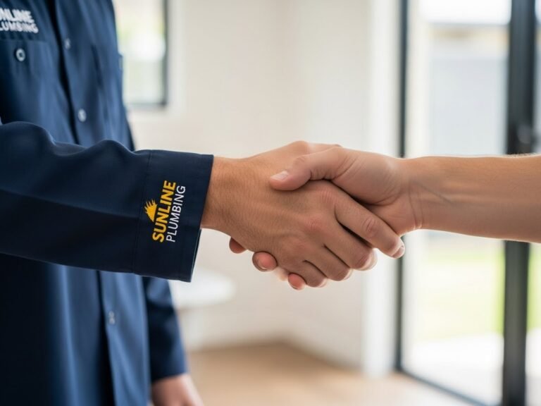 Close-up of a plumber and homeowner shaking hands, representing trust and service promise.