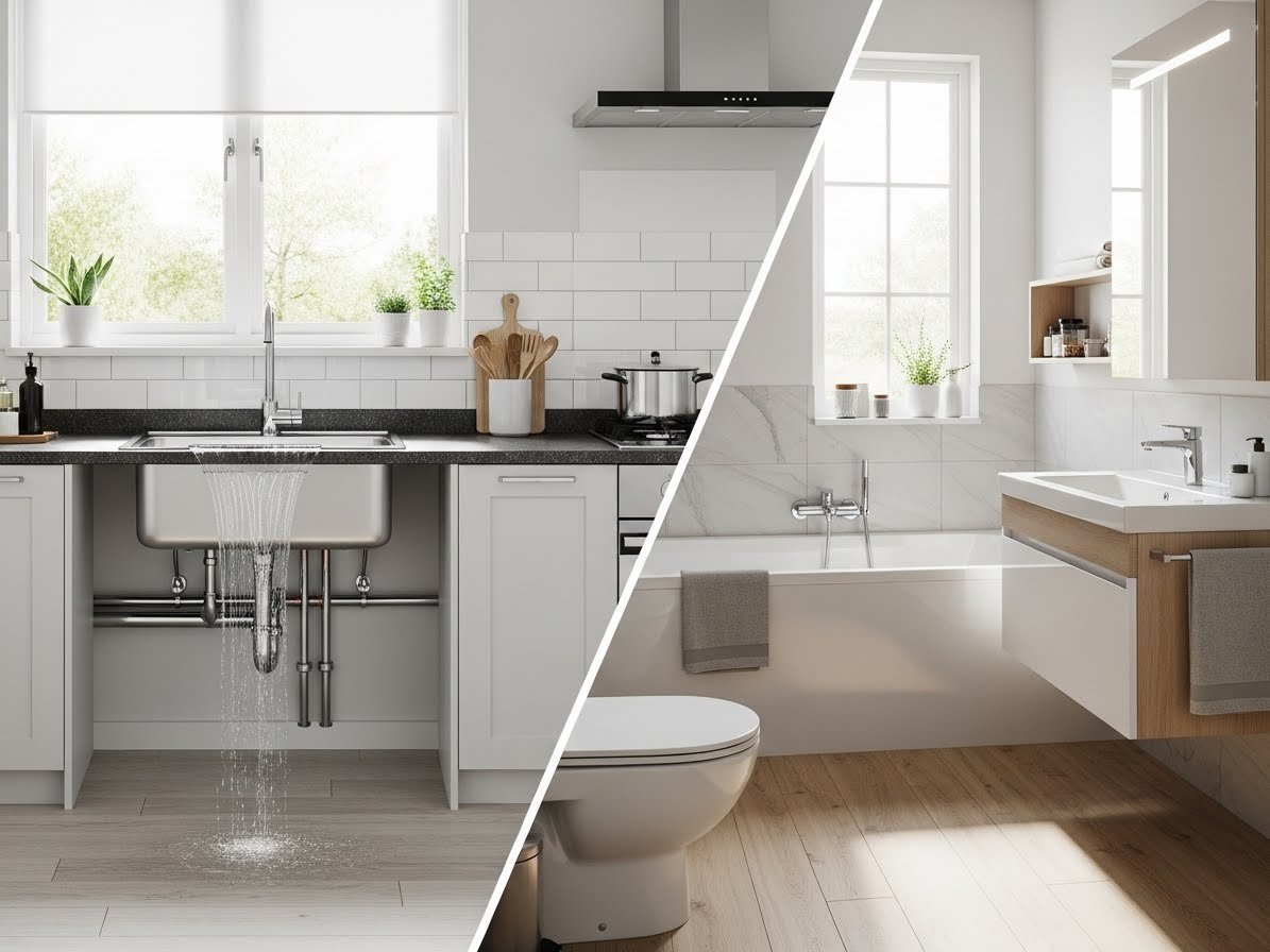 "Modern kitchen and bathroom showing sinks, bathtub, toilet, and visible plumbing elements, highlighting the importance of proper care. Bright, clean, and natural lighting, no people present."