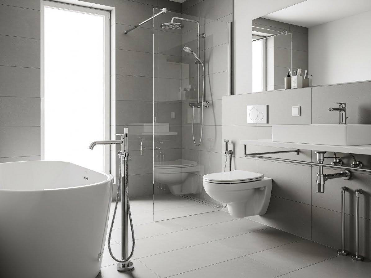 "Modern bathroom interior featuring a bathtub, shower, sink, toilet, and visible plumbing fixtures, highlighting well-maintained bathroom plumbing. Bright and clean with no people present."