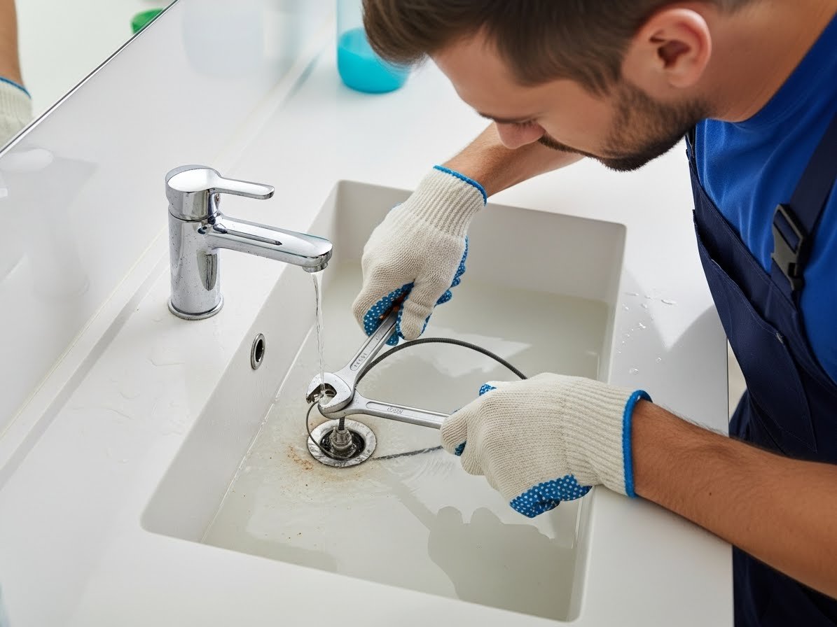 A professional plumber (man) fixing a clogged sink in a modern bathroom, using a wrench and drain snake, with water pooling slightly and minor grime around the drain. No text is visible."