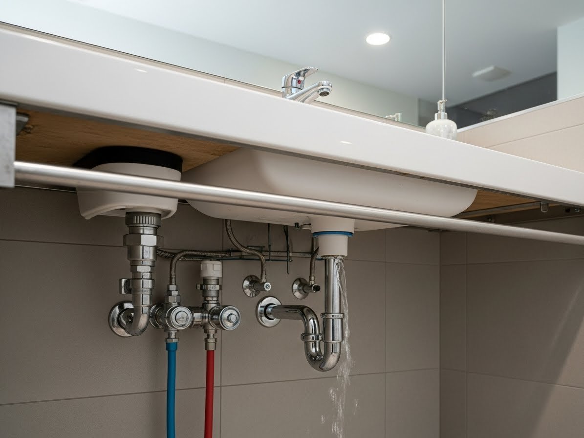 "Modern kitchen sink with partially clogged drain, showing pipes and faucet, illustrating the importance of drain cleaning."