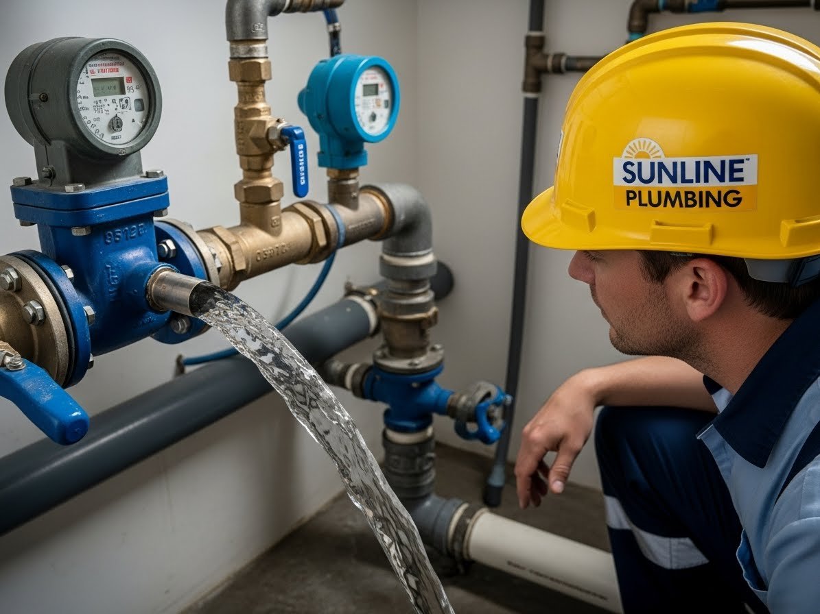 Professional plumber wearing a Sunline Plumbing helmet inspecting pipes with visible backflow, showing water flowing in the wrong direction in a well-lit residential or commercial setting.