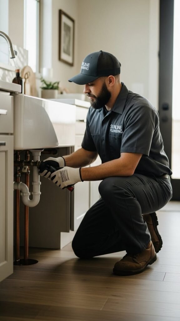 Licensed Sunline Plumbing technician working under a kitchen sink in a modern Gilbert, Arizona home, wearing a professional uniform with the company name on one side of the chest.