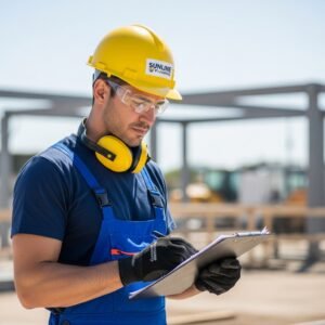 Professional worker wearing a yellow safety helmet with Sunline Plumbing logo, reviewing documents on a clipboard at an industrial worksite.