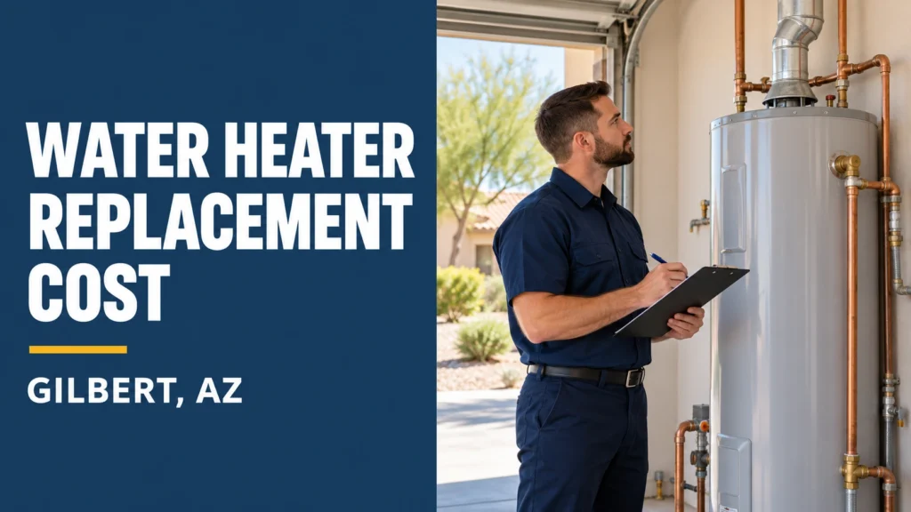 Plumber assessing a water heater for replacement in Gilbert, Arizona.