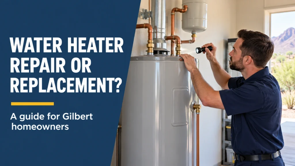 Plumber inspecting a water heater for a repair or replacement assessment in Gilbert